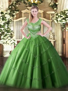 Green Scoop Lace Up Beading and Appliques Quinceanera Dresses Sleeveless