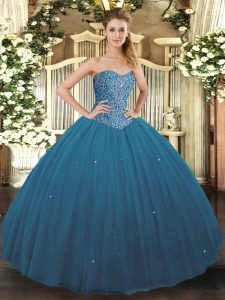 Teal Sweetheart Neckline Beading 15th Birthday Dress Sleeveless Lace Up