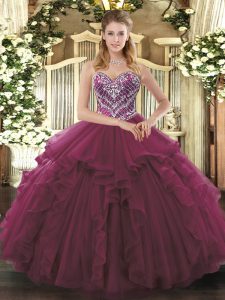 Burgundy Ball Gowns Sweetheart Sleeveless Tulle Floor Length Lace Up Beading and Ruffles Sweet 16 Dress