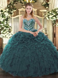 Exceptional Tulle Sweetheart Sleeveless Lace Up Beading and Ruffled Layers Sweet 16 Dress in Teal