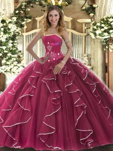 Fuchsia Lace Up Strapless Beading and Ruffles 15 Quinceanera Dress Tulle Sleeveless