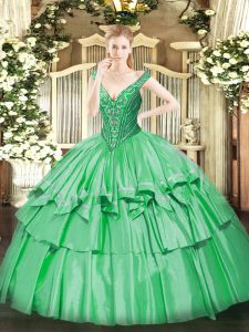 Designer Ball Gowns Quinceanera Dress Green V-neck Organza and Taffeta Sleeveless Floor Length Lace Up