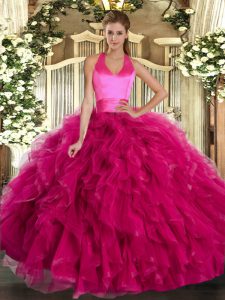 Super Fuchsia Ball Gowns Halter Top Sleeveless Organza Floor Length Lace Up Ruffles Sweet 16 Dress