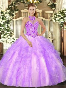 Trendy Lilac Sleeveless Organza Lace Up Sweet 16 Quinceanera Dress for Military Ball and Sweet 16 and Quinceanera