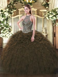 Super Olive Green Organza Lace Up Sweet 16 Dress Sleeveless Floor Length Beading and Ruffles