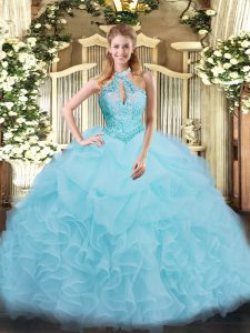 Simple Aqua Blue Ball Gown Prom Dress Military Ball and Sweet 16 and Quinceanera with Beading and Ruffles Halter Top Sleeveless Lace Up