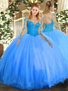 Baby Blue Scoop Neckline Lace Quinceanera Gown Long Sleeves Lace Up