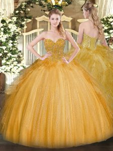 Excellent Gold Quinceanera Dress Military Ball and Sweet 16 and Quinceanera with Lace Sweetheart Sleeveless Lace Up