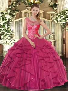 Glorious Hot Pink 15 Quinceanera Dress Sweet 16 and Quinceanera with Beading and Ruffles Scoop Sleeveless Lace Up