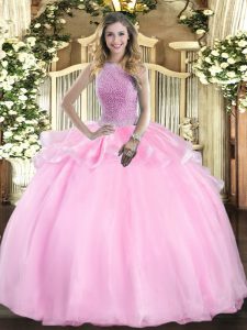 Dramatic Pink Organza Lace Up High-neck Sleeveless Floor Length Sweet 16 Dress Beading