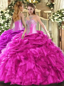 Sophisticated Hot Pink Sleeveless Beading and Ruffles and Pick Ups Floor Length Quince Ball Gowns
