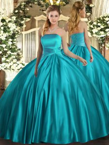 Deluxe Teal Ball Gowns Strapless Sleeveless Satin Floor Length Lace Up Ruching Sweet 16 Dresses