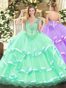 Custom Designed Apple Green Organza Lace Up V-neck Sleeveless Floor Length Ball Gown Prom Dress Beading