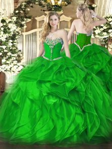 Popular Green Ball Gowns Sweetheart Sleeveless Organza Floor Length Lace Up Beading and Ruffles Vestidos de Quinceanera