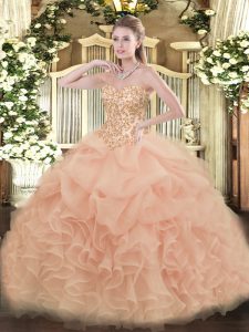 Lovely Peach Sweetheart Lace Up Appliques and Ruffles and Pick Ups Quinceanera Gowns Sleeveless