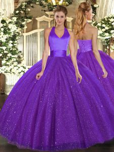 Glorious Floor Length Purple 15th Birthday Dress Halter Top Sleeveless Lace Up