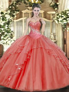 Tulle Sweetheart Sleeveless Lace Up Beading and Ruffled Layers Sweet 16 Dresses in Coral Red