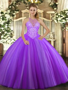 New Style High-neck Sleeveless Tulle Quince Ball Gowns Beading Lace Up