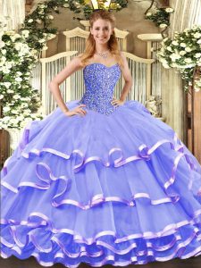 Lavender Lace Up Quinceanera Dresses Beading and Ruffled Layers Sleeveless Floor Length