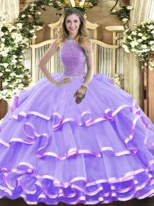 Lavender Ball Gowns High-neck Sleeveless Organza Floor Length Lace Up Beading and Ruffled Layers Sweet 16 Dress