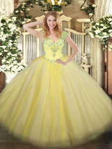 Elegant Sleeveless Tulle Floor Length Lace Up 15 Quinceanera Dress in Light Yellow with Beading