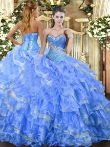 Admirable Baby Blue Organza Lace Up Quinceanera Dress Sleeveless Floor Length Beading and Ruffled Layers