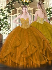 Floor Length Lace Up Quinceanera Dress Gold for Military Ball and Sweet 16 and Quinceanera with Beading and Ruffles