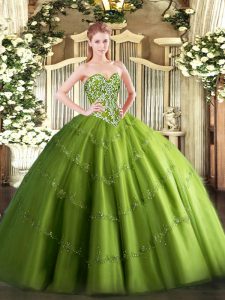 Edgy Olive Green Tulle Lace Up Sweetheart Sleeveless Floor Length Quinceanera Dresses Beading and Appliques