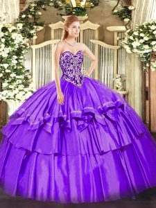 Purple Ball Gowns Beading and Ruffled Layers Quinceanera Dress Lace Up Organza and Taffeta Sleeveless Floor Length