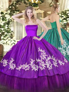 Exquisite Floor Length Zipper Quince Ball Gowns Purple for Military Ball and Sweet 16 and Quinceanera with Embroidery