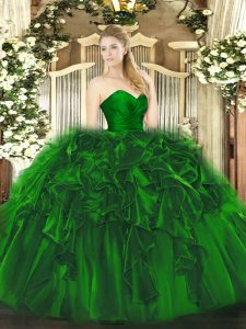 Ideal Dark Green Sleeveless Floor Length Ruffles Lace Up 15 Quinceanera Dress