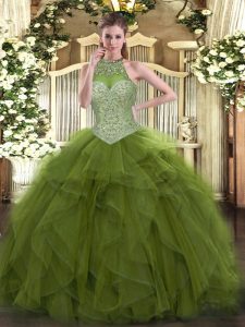Admirable Olive Green Lace Up Halter Top Beading Sweet 16 Quinceanera Dress Tulle Sleeveless