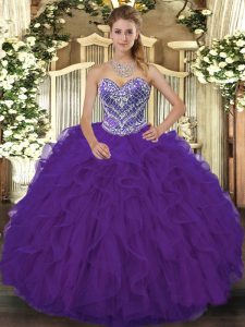 Purple Lace Up Sweetheart Beading and Ruffled Layers Vestidos de Quinceanera Lace Sleeveless