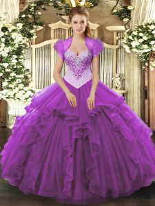 Inexpensive Sleeveless Floor Length Beading Lace Up Quinceanera Gowns with Eggplant Purple