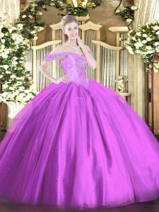 Designer Lilac Tulle Lace Up Off The Shoulder Sleeveless Floor Length Quinceanera Gowns Beading