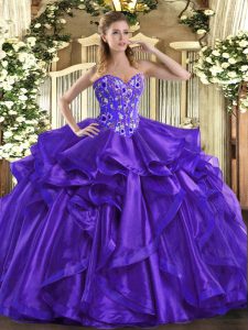 Custom Designed Purple Ball Gowns Embroidery and Ruffles Sweet 16 Quinceanera Dress Lace Up Organza Sleeveless Floor Length