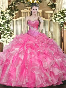 Elegant Hot Pink Sleeveless Floor Length Beading and Ruffles Lace Up Quinceanera Dresses