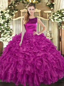 Luxury Sleeveless Organza Floor Length Lace Up 15th Birthday Dress in Fuchsia with Ruffles