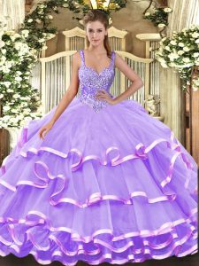 Lavender Ball Gowns Straps Sleeveless Organza Floor Length Lace Up Beading and Ruffled Layers Sweet 16 Quinceanera Dress