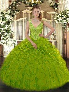 Eye-catching Olive Green Ball Gowns Beading and Ruffles Quinceanera Gowns Zipper Organza Sleeveless Floor Length