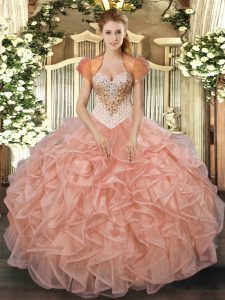 New Arrival Peach Sleeveless Beading and Ruffles Floor Length Sweet 16 Dresses