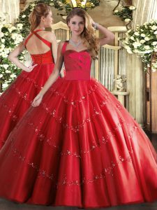 Perfect Red Halter Top Lace Up Appliques Quinceanera Gown Sleeveless