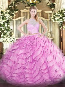 Pretty Rose Pink Sleeveless Lace and Ruffled Layers Zipper 15 Quinceanera Dress