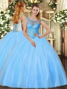 Baby Blue Tulle Lace Up Scoop Sleeveless Floor Length 15 Quinceanera Dress Beading