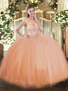 Scoop Sleeveless Quinceanera Gown Floor Length Beading Peach Tulle