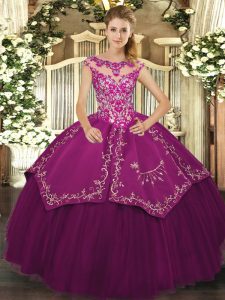 Flirting Floor Length Purple Quinceanera Dresses Satin and Tulle Cap Sleeves Beading and Embroidery