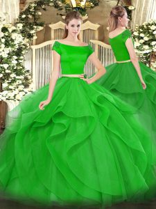 Green Two Pieces Appliques and Ruffles Quinceanera Gowns Zipper Tulle Short Sleeves Floor Length