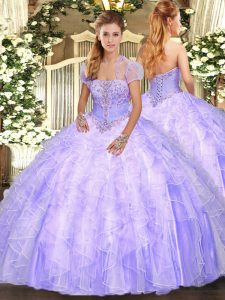 Custom Made Lavender Ball Gowns Tulle Strapless Sleeveless Appliques and Ruffles Floor Length Lace Up Sweet 16 Dress