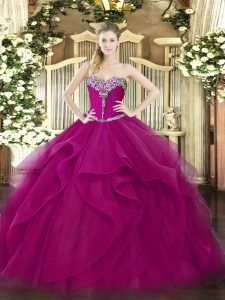Beauteous Fuchsia Lace Up Sweetheart Beading and Ruffles 15th Birthday Dress Tulle Sleeveless