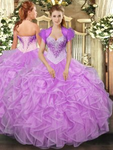 Suitable Beading and Ruffles Vestidos de Quinceanera Lilac Lace Up Sleeveless Floor Length
